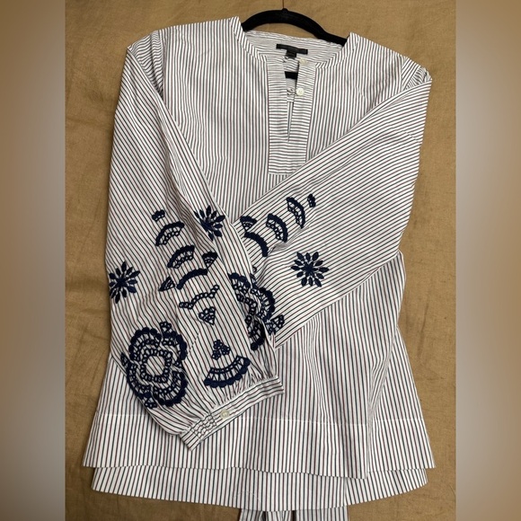 J. Crew embroidered cotton red and navy Striped Blouse with statement bow - Picture 7 of 10